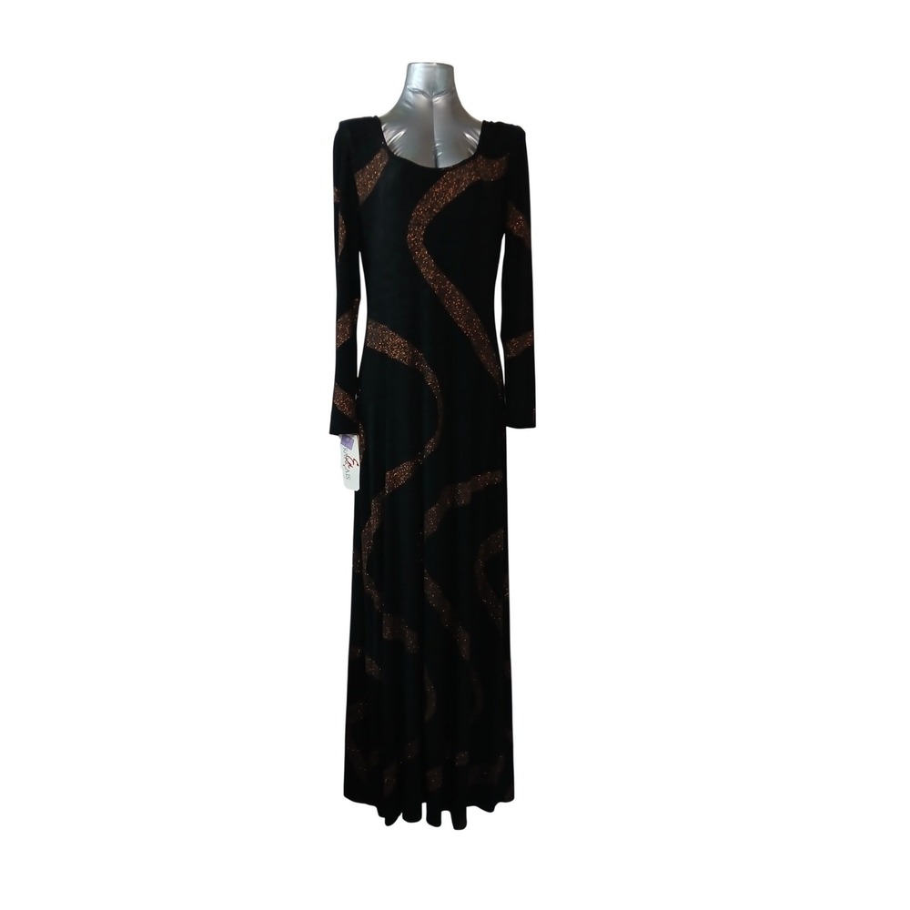 VTG 90s Francais by Huey Waltzer Black Copper Glitter Swirl Maxi Dress Sz 16 NWT